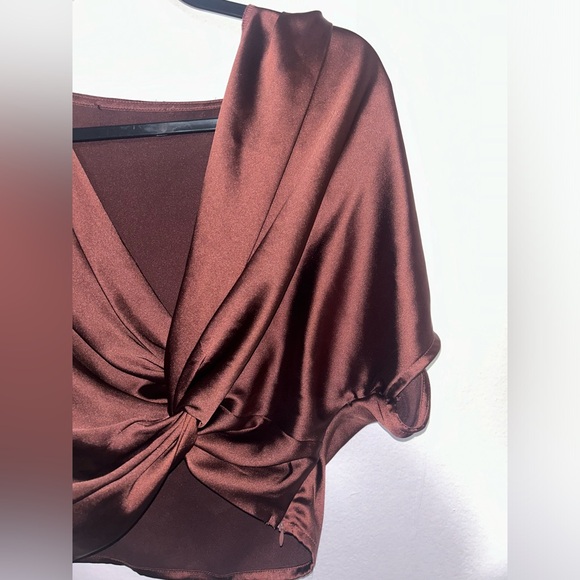 Satin/Silk Brown tie front crop top - Picture 3 of 5